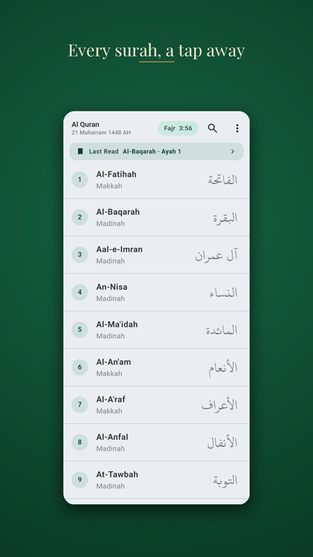 Surah list on the Al Quran home screen